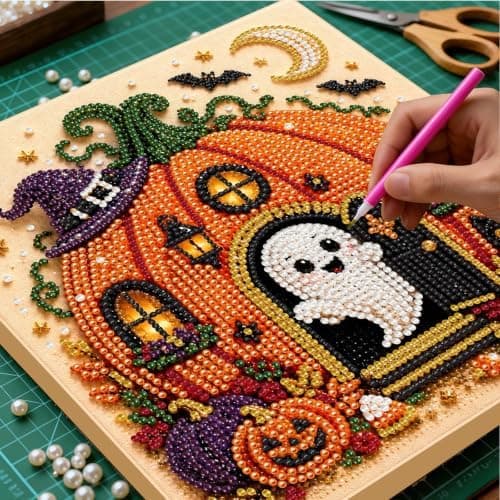 DIY Perlemalingssæt med ramme 12in Jack-o-Lantern Hytte Spøgelse Jack-o-Lantern Cottage
