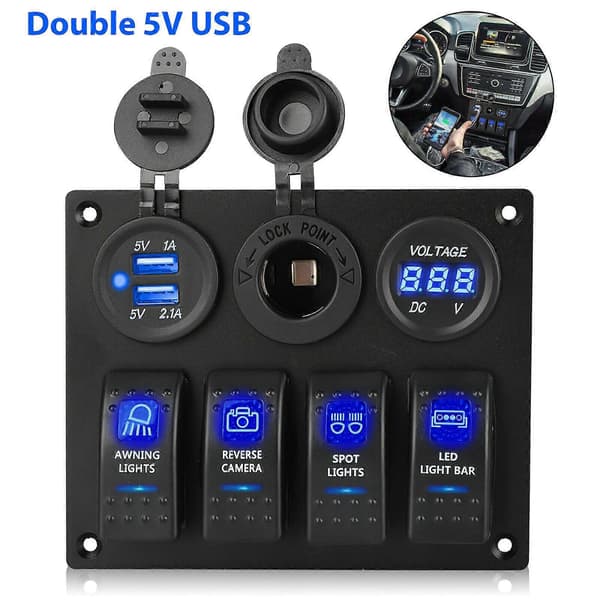 12-24V 4-veis vippebryterpanel med blå LED og effektbryter, vanntett for bil, marine, båt