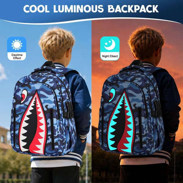Rygsæk til drenge, 3 STK Cool Lysende Haj Drenge Rygsæk med Madkasse Black Blue Backpack