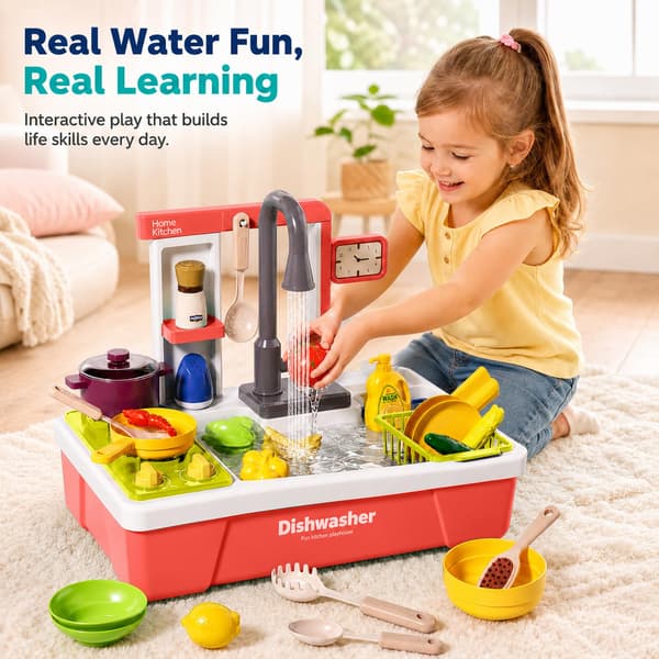 Leksaksdiskho med rinnande vatten, leksakskök för småbarn 1-3 år Red