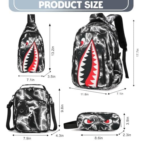 Rygsæk til drenge, 4 STK Cool Lysende Haj Drenge Rygsæk med Madkasse Black Lightning Backpack&Shoulder Bag