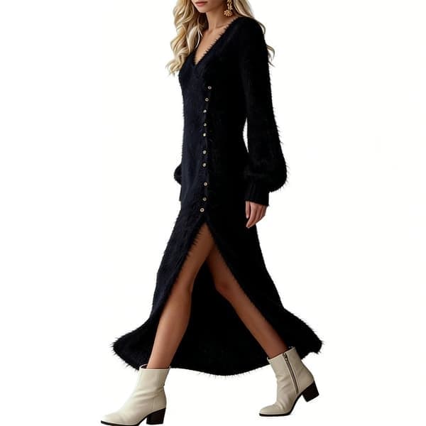 Vinter V-ringad lös midiklänning med slits elegant plus size dam, svart, storlek L Black L