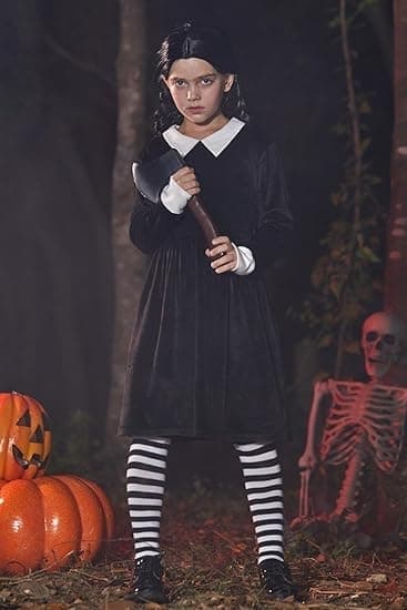 Flickors Halloweenklänning med Peter Pan-krage i svart sammet, storlek 140 140