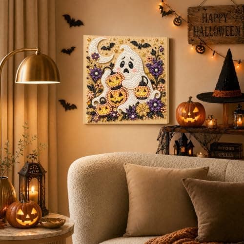 DIY Perlemalingssett med ramme 8 tommer Spøkelse med gresskar Ghost with Jack-o-Lanterns