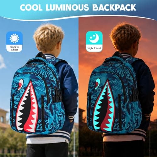 Rygsæk til drenge, 3 STK Cool Lysende Haj Drenge Rygsæk med Madkasse Blue Graffiti Backpack