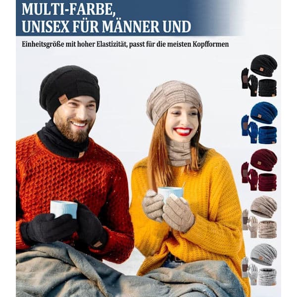 Vintermössa, halsduk och pekskärmshandskar – stickad, unisex mörkgrå Mörkgrå
