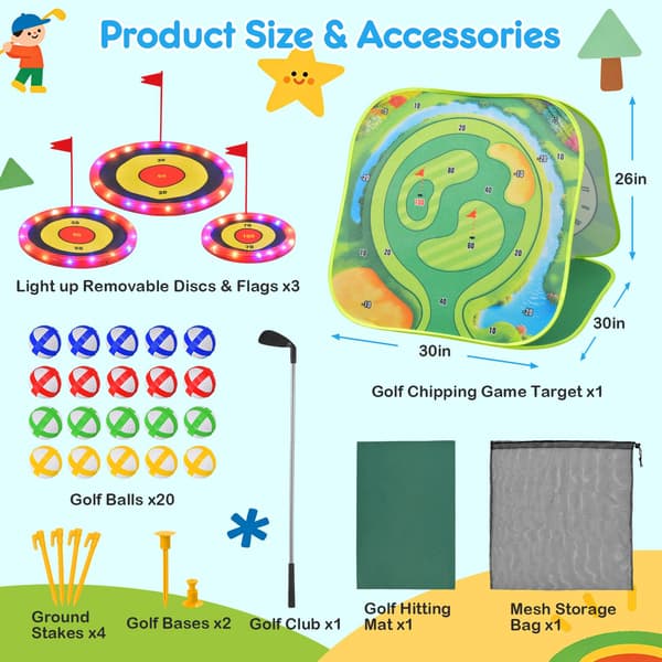 DyBaxa 4-i-1 Golfsæt til Børn, Lysende Golfspil med 3 LED-mål 33 Pcs Toddler Golf Set