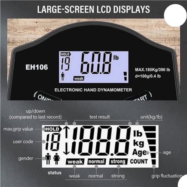 Digital hånddynamometer, grebstyrketester, USB- og batteridrevet, LCD-display, fingerstyrke, personlig rekordtracker