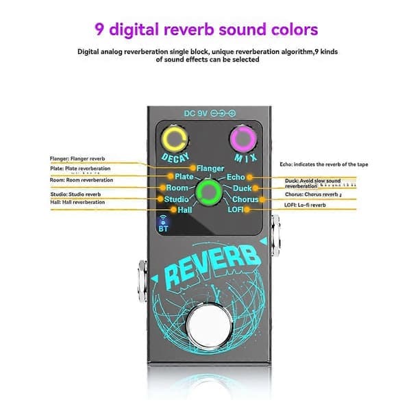 Gitarr Digital Reverb Effektor Reverb Effektpedal Enhet Inbyggd 9Digital Baserad True Bypass Specialgåva
