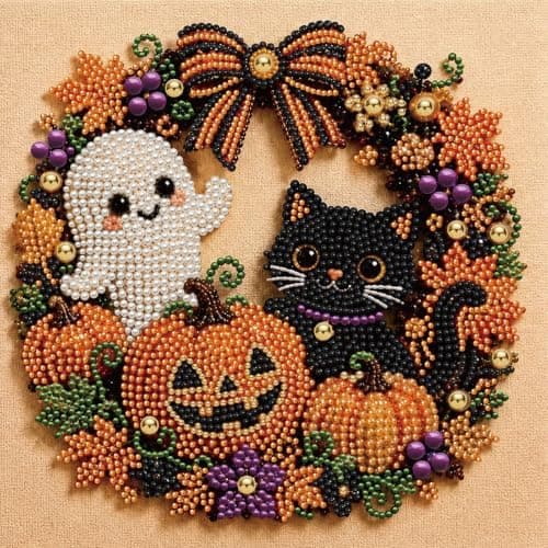 DIY Perlemalerisæt med ramme 12 tommer spøgelse og sort kat krans Ghost and Black Cat Wreath