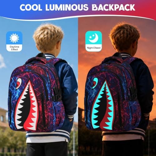 Rygsæk til drenge, 3 STK Cool Lysende Haj Drenge Rygsæk med Madkasse Red Blue Backpack