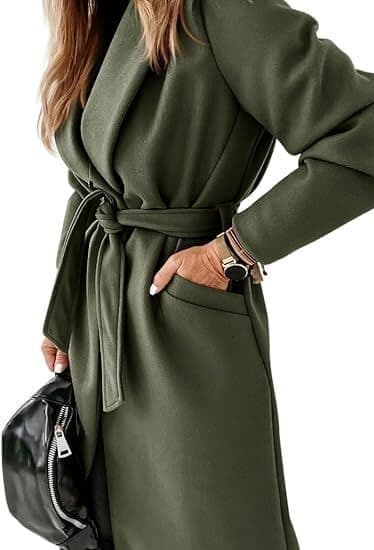 Damkappa med nedvikt krage, öppen front, bälte, lång jacka, grön, storlek M green M