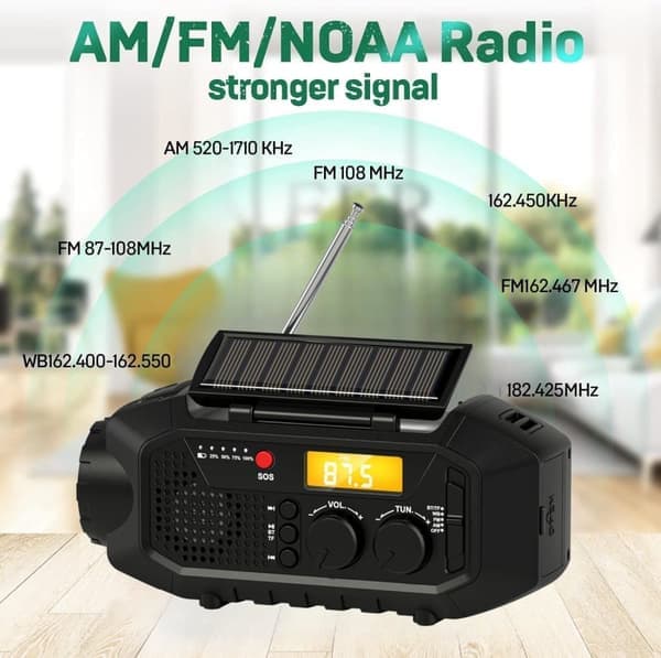 Hätäradiovastaanotin Aurinkoradio Käsikampi FM AM Bluetooth SOS Taskulamppu USB-virtapankki Musta Black