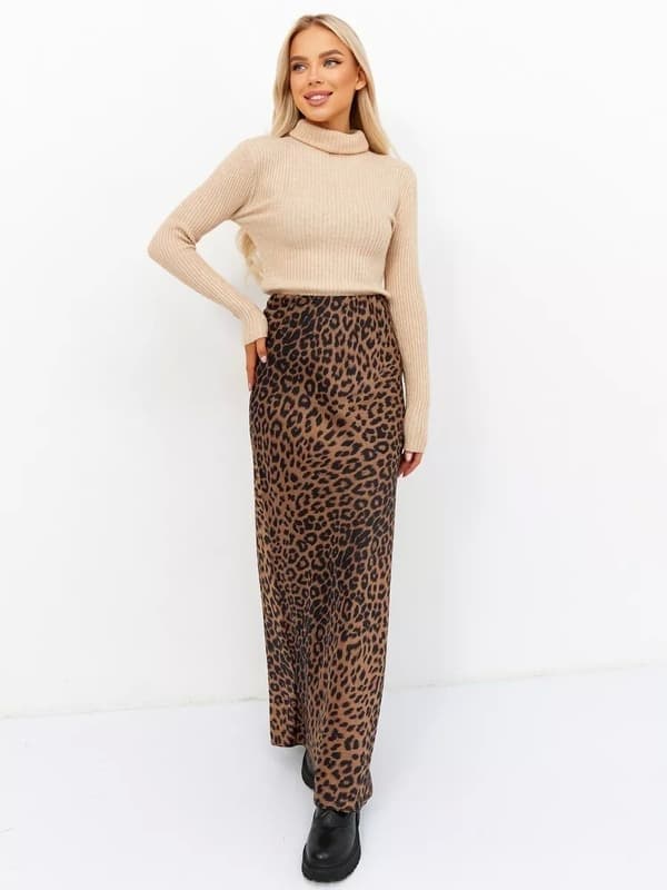 Satin Leopardmönstrade Kjolar Hög Midja Elastisk Midja Långa Kjolar, Brun, Storlek S brown S