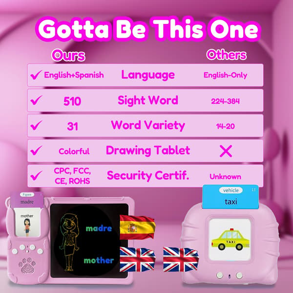 Skriveplade med tosprogede flashkort til børn, spansk pink Pink Spanish