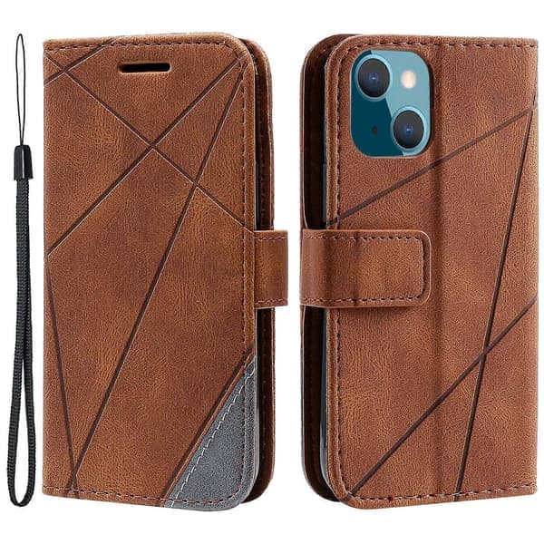 For iPhone 15 Mobildeksel Hudvennlig Delt Design Skinn Mobildeksel med Håndstropp