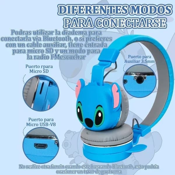 Disney Lilo & Stitch Trådlösa Bluetooth-hörlurar för barn, vikbara mjuka öronkuddar, blå