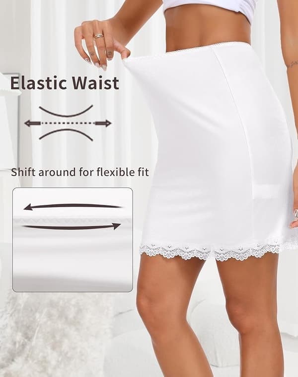 Dame Satin Halv Underkjole for Under Kjoler Underkjole med Blondekant, Hvit, Størrelse M white M
