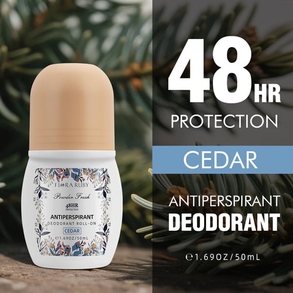 Flora Ruby Antiperspirant Roll-On, 48H svette- og luktbeskyttelse, aluminiumsformel, langvarig friskhet, 1,59 oz / 50 ml cedar
