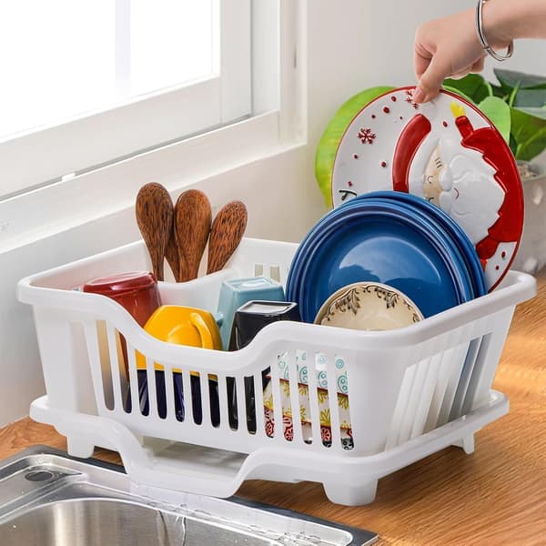 Tvådelat diskställ i plast, robust diskställ för diskbänk, stort vitt avrinningsställ med avrinningsbräda