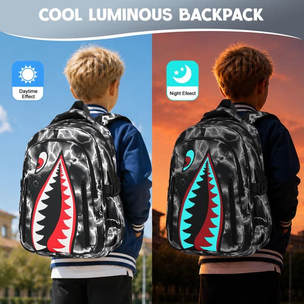 Rygsæk til drenge, 4 STK Cool Lysende Haj Drenge Rygsæk med Madkasse Black Lightning Backpack&Shoulder Bag