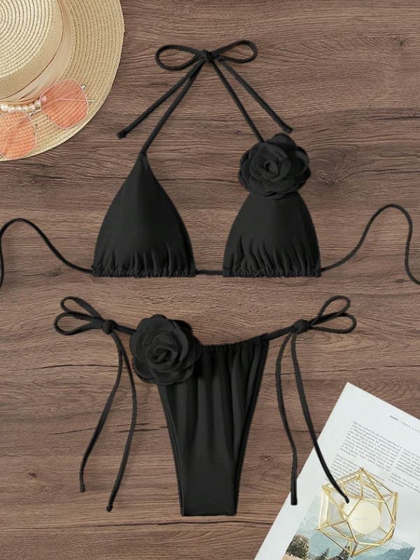 Bikini för kvinnor, 2 delar, med 3D-ros, hög midja, badkläder, strandkläder, vit, storlek S White S