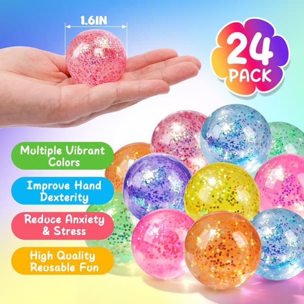 24-pack glittriga klämbollar, Taba klämleksaker för barn och vuxna 24pcs Glitter Stress Balls