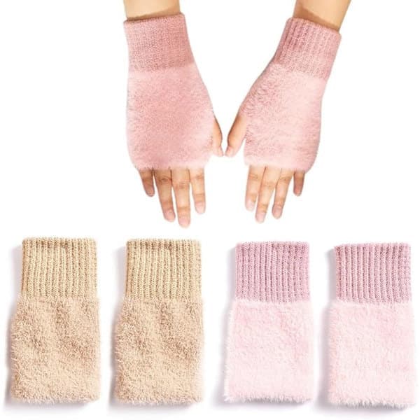 ING Søde Strikkede Handsker (2 Par), Varme Damehandsker, Fingerløse Plys (Pink, Beige)