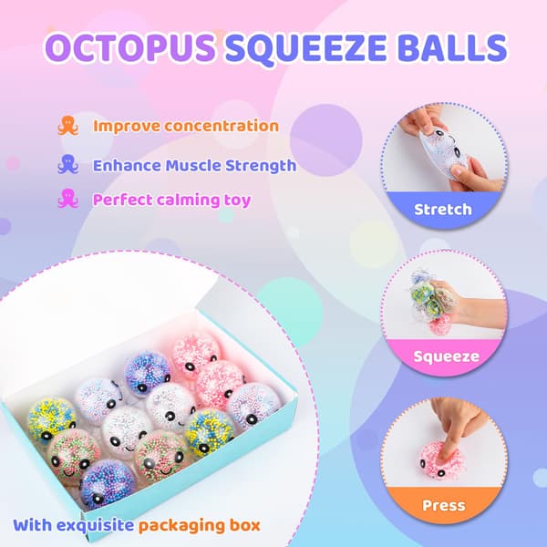 24-pak blæksprutte-stressbolde sæt til børn og voksne | Søde klemme-fidget-legetøj til angst- og stresslindring, perfekte festgaver til påske 24pcs Octopus Squishy Ball