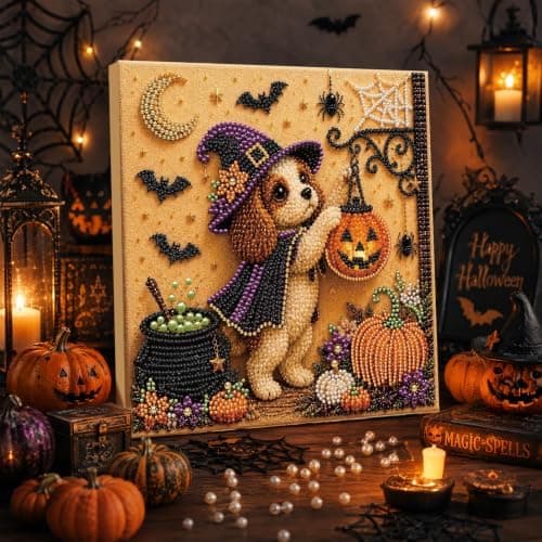 Gør-det-selv perlemalingssæt med ramme 12 tommer spaniel heksegræskar lanterne Spaniel Witch with Pumpkin Lantern