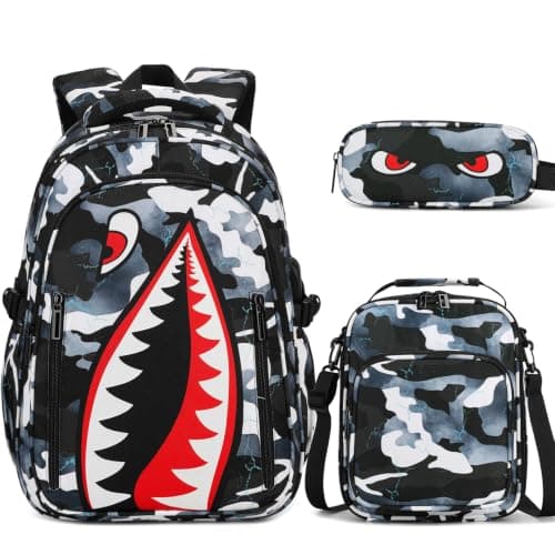 Rygsæk til drenge, 3 STK Cool Lysende Haj Drenge Rygsæk med Madkasse Black White Backpack