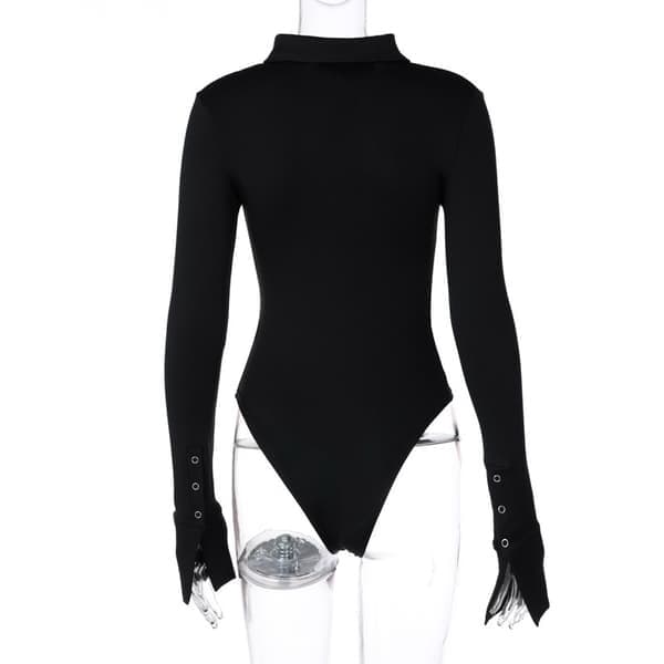 Dam långärmad bodysuit med nedvikt krage, svart, storlek S black S