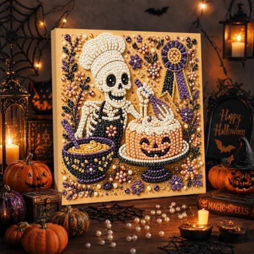 DIY Perlemalingssett med ramme 8 tommer Skjelettkokk Gresskarkake Skeleton Chef Pumpkin Cake