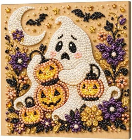 DIY Perlemalingssett med ramme 8 tommer Spøkelse med gresskar Ghost with Jack-o-Lanterns