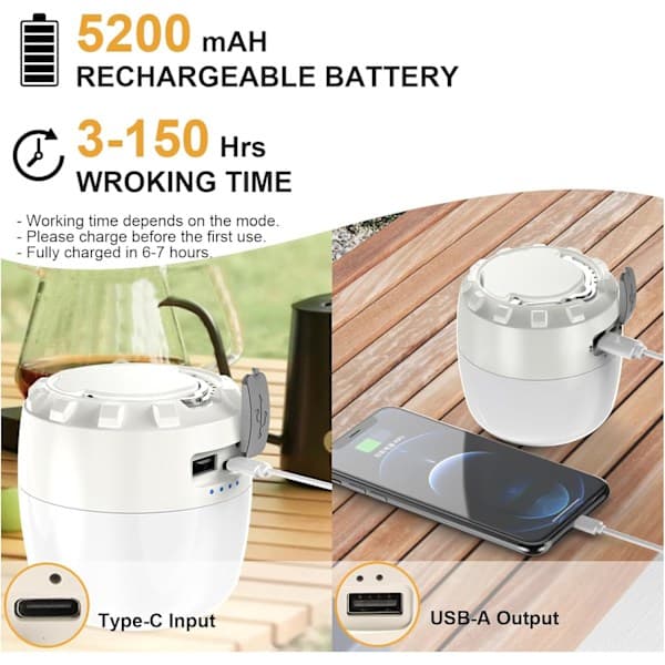 LED Camping Lantern Oppladbar 3200mAh, Campinglamper med 4 Moduser