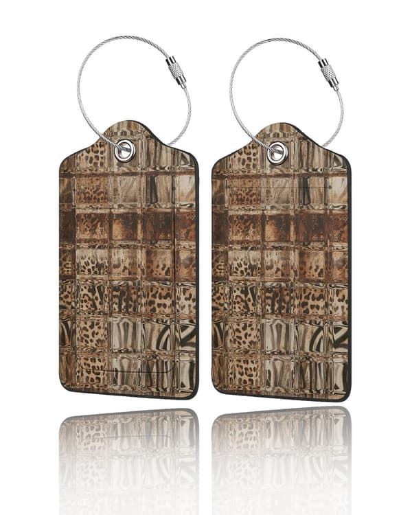 2-pack bagagebrickor i PU-läder för resväskor - Glasbrun Leopard Glass Brown Leopard Print