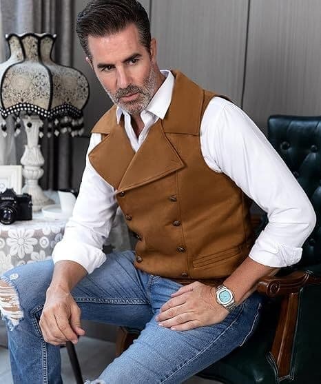 Herredragt Ruskind Dobbeltradet Vest, Brun, Størrelse M brown M