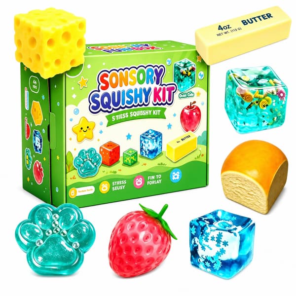 8-delt sensorisk squishy-sæt, ost, brød, jordbær, pote, smør og klare terning stressaflastende fidget-legetøj