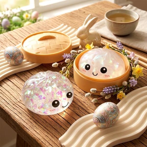 Jättedumpling Squishy, 2026 Mjuk Dumpling Stressboll med Ångkokarlåda, Påskpresent Kläm Stresslindrande Sensorisk Figurdekoration för White+Gold