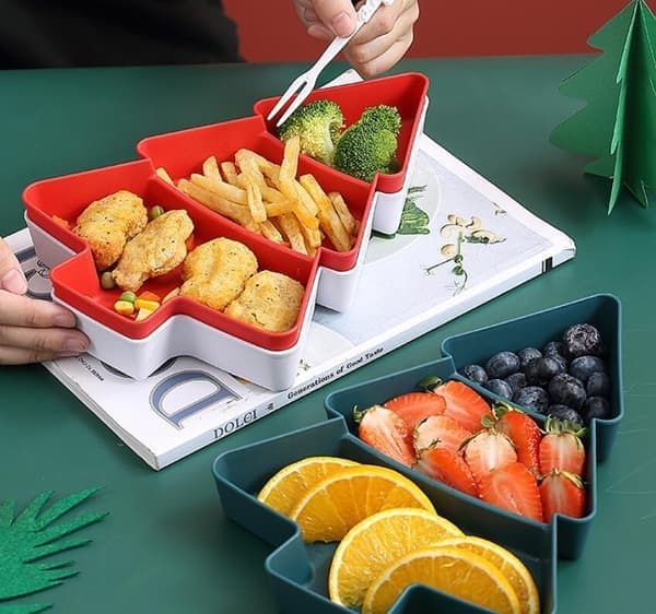 Fruktfat i julgransform, God Jul-festdekorationer, röd red