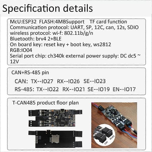 T-CAN485 ESP32 CAN-485 understøtter TF-kort Wi-Fi Bluetooth trådløs IOT-kontrolmodul udviklingskort