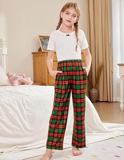Tyttöjen pyjamahousut, pitkät, ruudulliset, pehmeät, mukavat pyjamahousut taskuilla, punainen-vihreä ruutu, koko 140 Red green grid 140