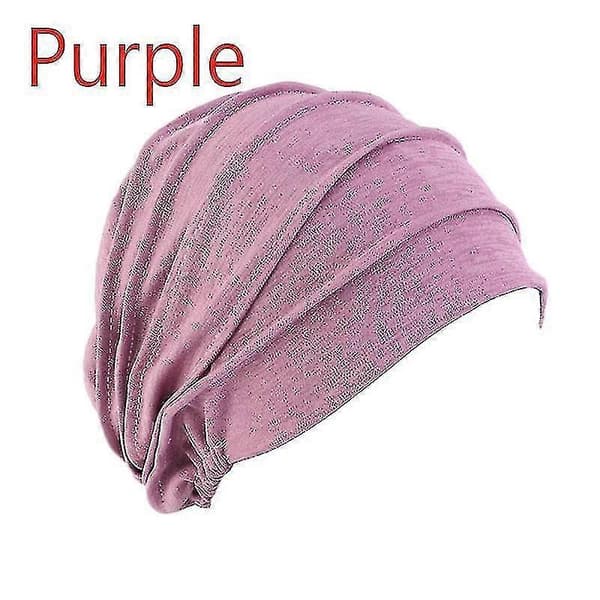 Mjuk bomullsmössa för kvinnor, elastisk huvudduk turbanmössa för håravfall, mössa Purple