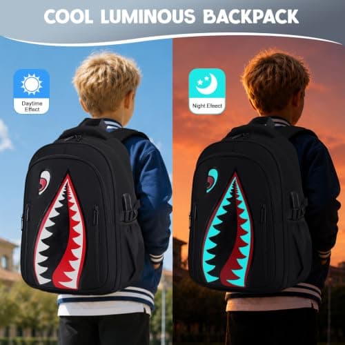 Rygsæk til drenge, 3 STK Cool Lysende Haj Drenge Rygsæk med Madkasse Black Backpack