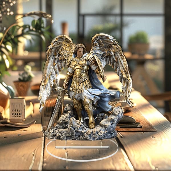 Akryl engelstatue, elegant erkeengelen Mikael akrylskulptur, skrivebordsdekorasjon, stuedekorasjon (2D)