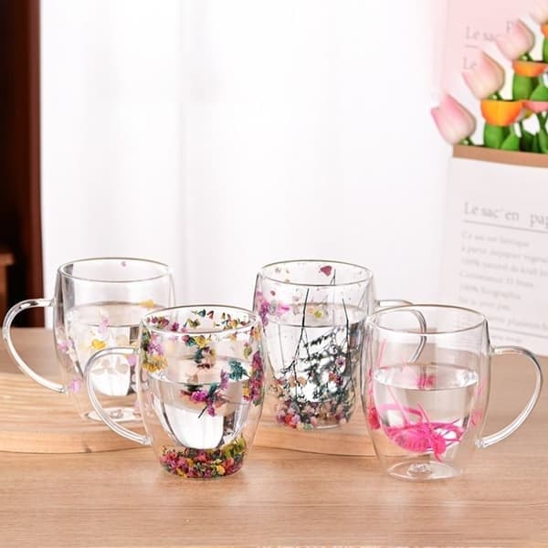 Dobbeltvægget glaskop med tørrede blomster, #3 350 ml #3  350ml