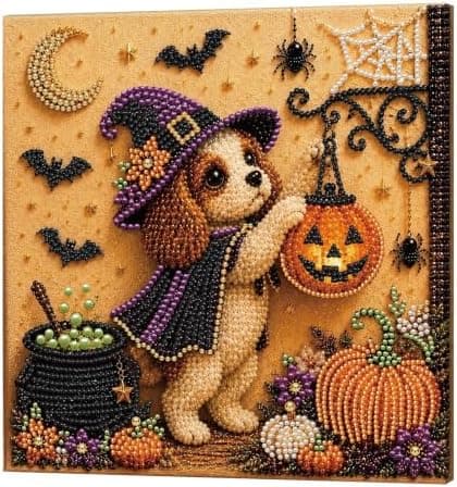 Gør-det-selv perlemalingssæt med ramme 12 tommer spaniel heksegræskar lanterne Spaniel Witch with Pumpkin Lantern