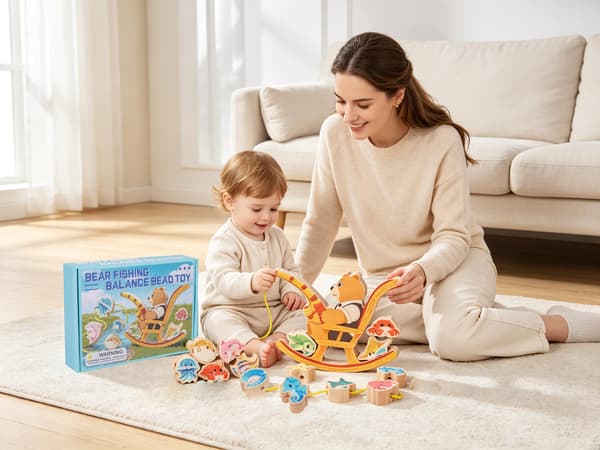Träbjörnfiskeleksak, balansstapling för småbarn 1-3 och barn 4-5-6