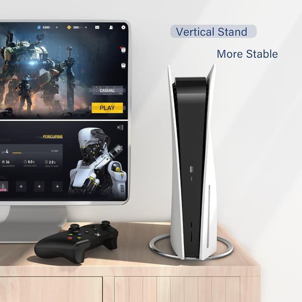 Universalt vertikalt stativ for PS5/PS5 Slim/PS5 Pro, sklisikker base, plassbesparende, tippebeskyttelse, tau-beskyttelse