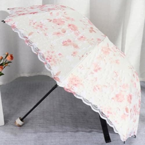 Blonde Blomster 3-Fold Paraply UPF 50+ UV-Beskyttelse Rejseparasol til Regn og Sol Manual-04Pink